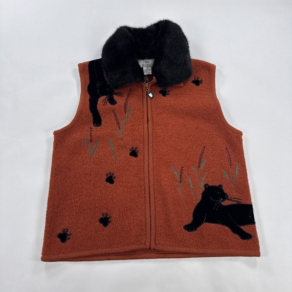 Lisa International Womens Vest Medium Orange Boiled Wool Panther Zip Up Faux Fur